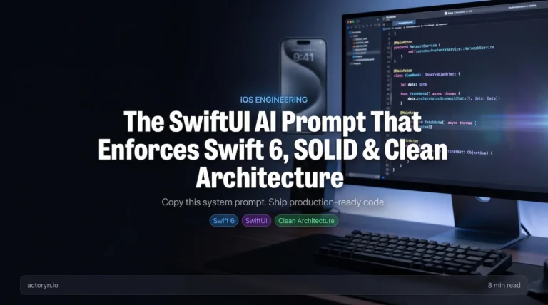 Developer workspace showing Swift 6 code with a SwiftUI AI prompt enforcing clean architecture and strict concurrency