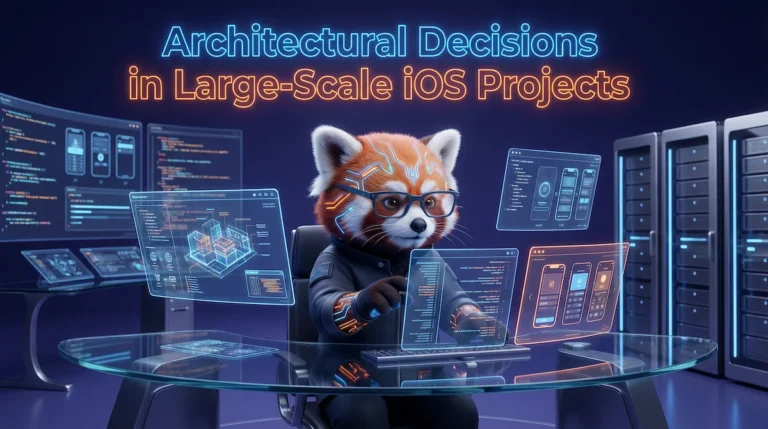 iOS application architecture diagram comparing static and dynamic frameworks for faster build times.