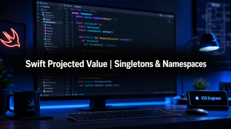 Centered text displaying Swift projected value and namespaces with a black gradient over a blurred developer workspace.